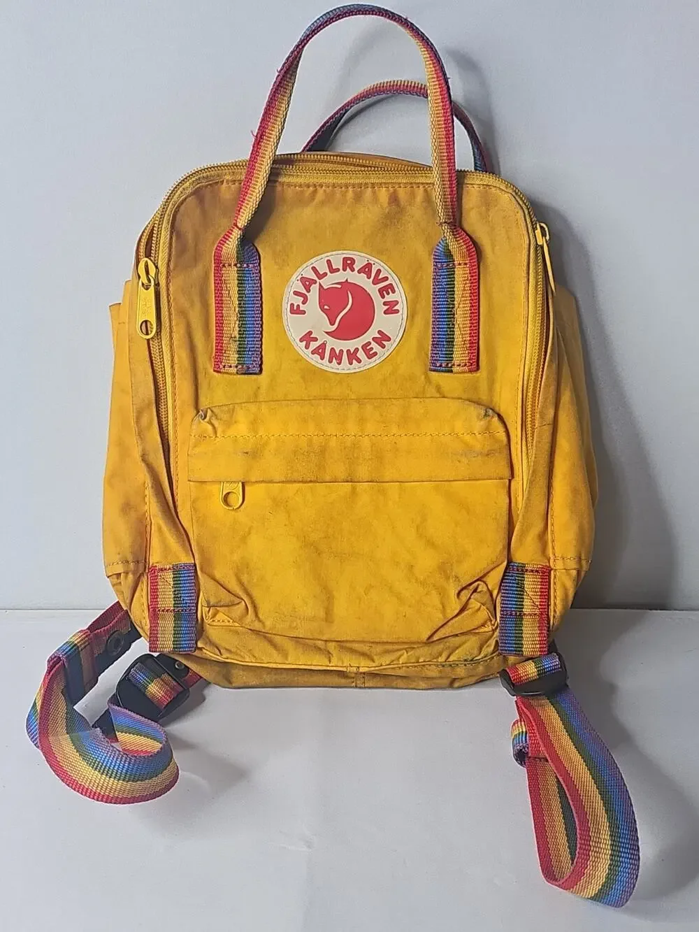 FjallRaven Kanken Yellow Backpack Rainbow Straps